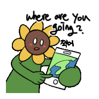 a cartoon of a sunflower holding a cell phone with the words " where are you going " written below it