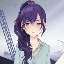 a girl with purple hair and blue eyes is wearing a blue sweater