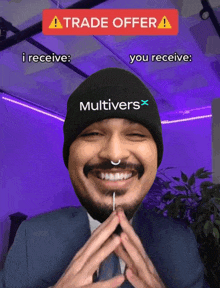 a man wearing a black hat that says multiverse on it