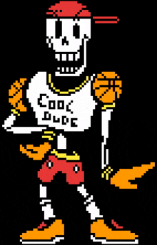 pixel art of a skeleton wearing a cool dude shirt