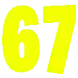 a pixelated image of the number 67 in yellow on a white background .