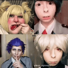 a collage of four images of a person 's faces with one of them wearing a wig