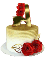 a gold letter a is on top of a white cake with red roses