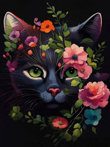 a black cat with green eyes is surrounded by flowers on a black background