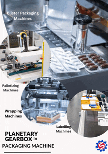 an advertisement for planetary gearbox in packaging machine shows different types of machines