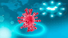 a computer generated image of a red virus surrounded by arrows on a blue background .