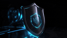 a futuristic shield with a blue glowing logo on it