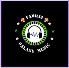 a logo for familia galaxy music with a pair of headphones