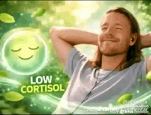 a man wearing headphones is smiling in a low cortisol ad