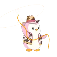 a cartoon penguin wearing a cow print vest and cowboy hat holds a lasso