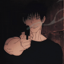 a man is pointing a gun at the camera with smoke coming out of his mouth .