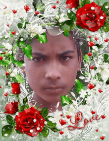 a picture of a boy in a floral frame with the word love in red