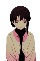 a pixelated drawing of a girl with a pink jacket and black turtleneck