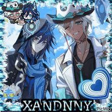 a picture of two anime characters with xandniny written in black