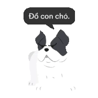 a black and white dog with a black speech bubble that says do con cho