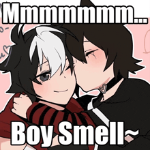 a picture of a boy smelling another boy 's neck