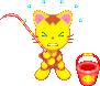 a pixel art drawing of a cat holding a fishing rod and a bucket .