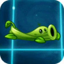 a green cartoon character is floating in the air with a blue background .