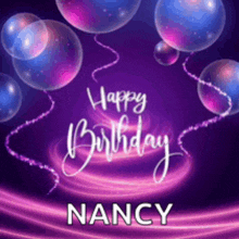 a happy birthday greeting card for nancy with balloons on a purple background