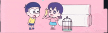 a cartoon of a man and a girl with a bird cage in the background