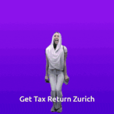 a woman stands in front of a purple background that says " tax refund "