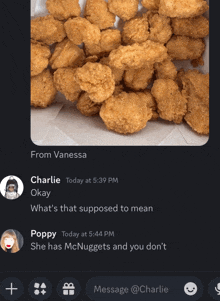 a screenshot of a chat between charlie and vanessa with a picture of chicken nuggets