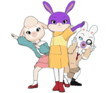 a group of cartoon characters standing next to each other