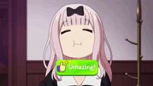 a girl with pink hair is giving a thumbs up with a green button that says umazing .