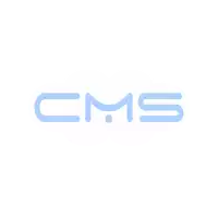 a light blue cms logo is on a white background