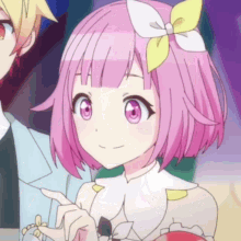 a girl with pink hair and a yellow bow on her hair