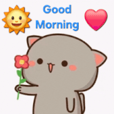 a cartoon cat is holding a flower with the words good morning written above it