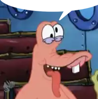 a cartoon character with a long tongue and a speech bubble above his head