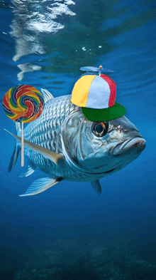 a fish wearing a hat and a lollipop in its mouth