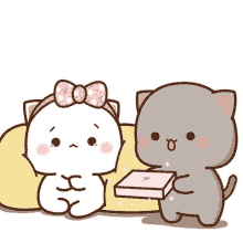 a cartoon cat is holding a box next to a white cat with a pink bow