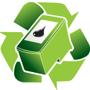 a green recycling symbol with a black drop of ink on it