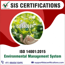 an advertisement for sis certifications iso 14001-2015 environmental management system