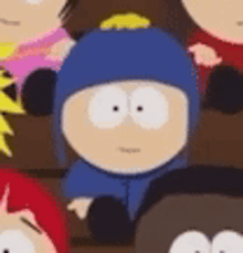 a cartoon character from south park is sitting in a crowd .
