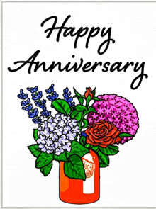 a greeting card that says happy anniversary with a vase of flowers