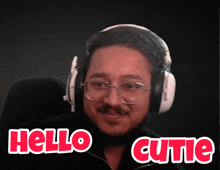 a man wearing headphones says hello cutic in red letters