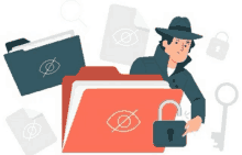 a man in a hat is holding a padlock in front of a folder of files