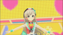 a girl in a colorful outfit is dancing in front of a yellow background