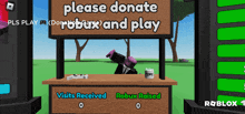 a sign in a video game asking people to donate robux