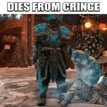 a man in armor is standing next to a cat in a video game with the caption dies from cringe .