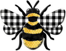 a black and white checkered bee with yellow stripes and white polka dots