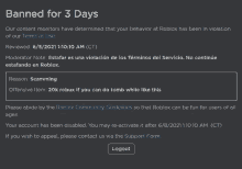 a screenshot of a banned for 3 days page on roblox