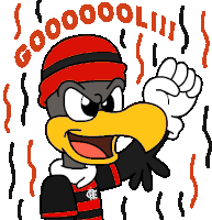 a cartoon character with a red hat and gloves says goooool