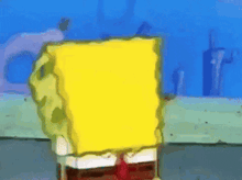 spongebob squarepants is standing in the water with a yellow block covering his face .