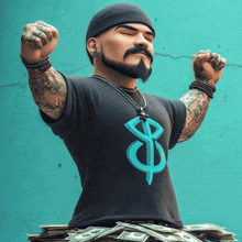 a man in a black shirt with a dollar sign on it stands in front of a pile of money