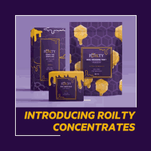 a purple background with the words introducing roilty concentrates on the bottom