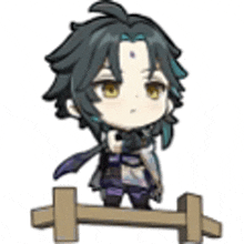 a chibi character is sitting on a wooden fence .